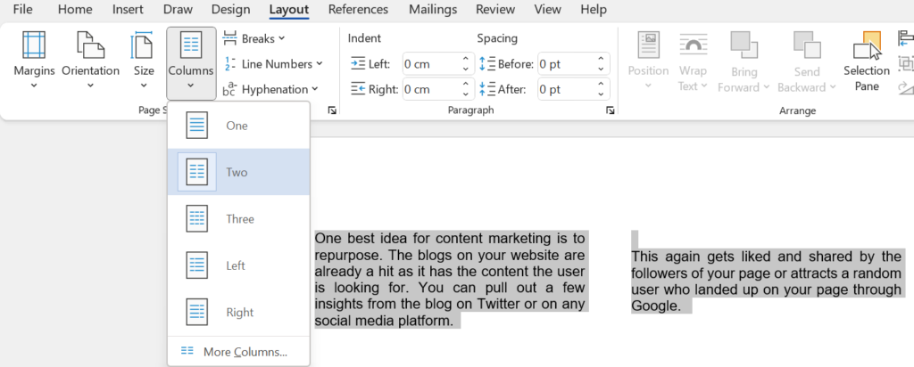 Columns in Word-nodekeys