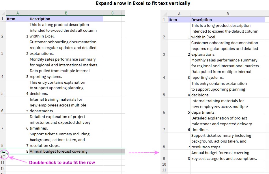 Expand a row in Excel - Nodekeys