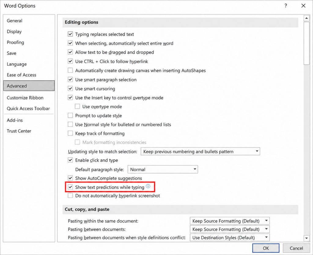 Enable Text Predictions in Microsoft Word - Nodekeys Word Options dialog on the Advanced tab with 'Show text predictions while typing' checkbox checked.