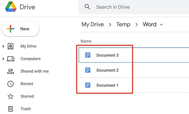 Google Drive interface showing a file list with three text documents named Document 3, Document 2, and Document 1 boxed in red.