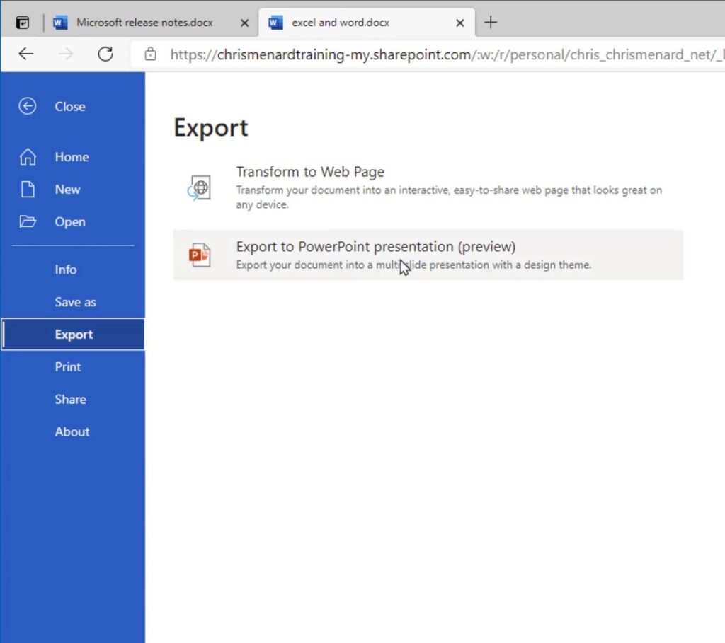 Screenshot of Word Online Export page showing options: Transform to Web Page and Export to PowerPoint presentation (preview); left blue navigation with Close, Home, New, Open, Info, Save as, Export, Print, Share, About.