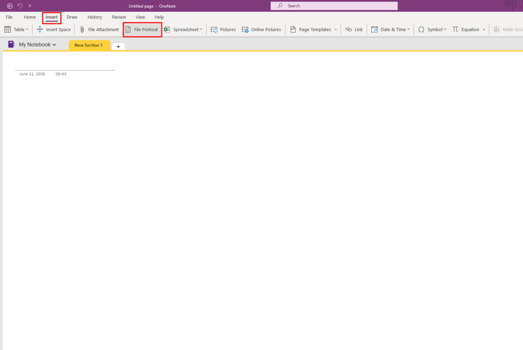 file-printout-note-img - Nodekeys OneNote window with Insert tab selected and File Printout option highlighted; blank page with a small horizontal rule near the top and a date stamp reading June 11, 2026 00:43 on the left.