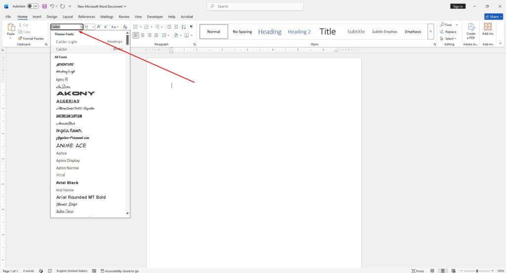 Microsoft Word interface: the Home tab font dropdown is open, with Calibri selected.