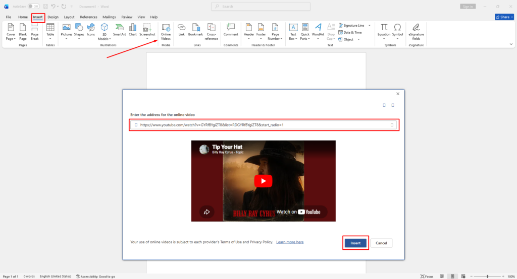 Word Insert Video dialog: entering a YouTube URL to embed a video, with the URL field and preview thumbnail visible and an Insert button highlighted.