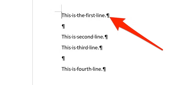 paragraph-tag - Nodekeys Arrow points to the line 'This is the first line.' among a vertical list of lines showing: 'This is the first line.', 'This is second line.', 'This is third line.', 'This is fourth line.'