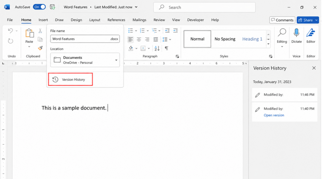 Microsoft Word window showing Version History option selected in the file menu