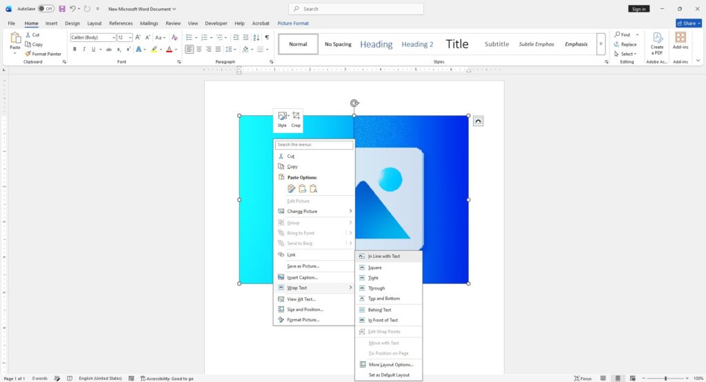 Screenshot of a Word document with an image selected and the Wrap Text menu open, showing In Line with Text option.